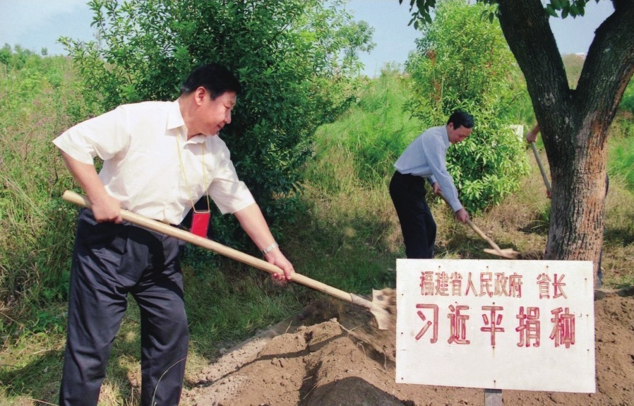 2001年10月,习近平在龙岩市长汀县调研水土流失治理工作,在河田世纪生态园为树培土。图源:《习近平在福建(下)》